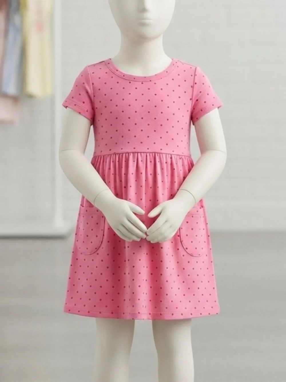 Girls' Pink Short-Sleeve Polka Dot Pocket Dress